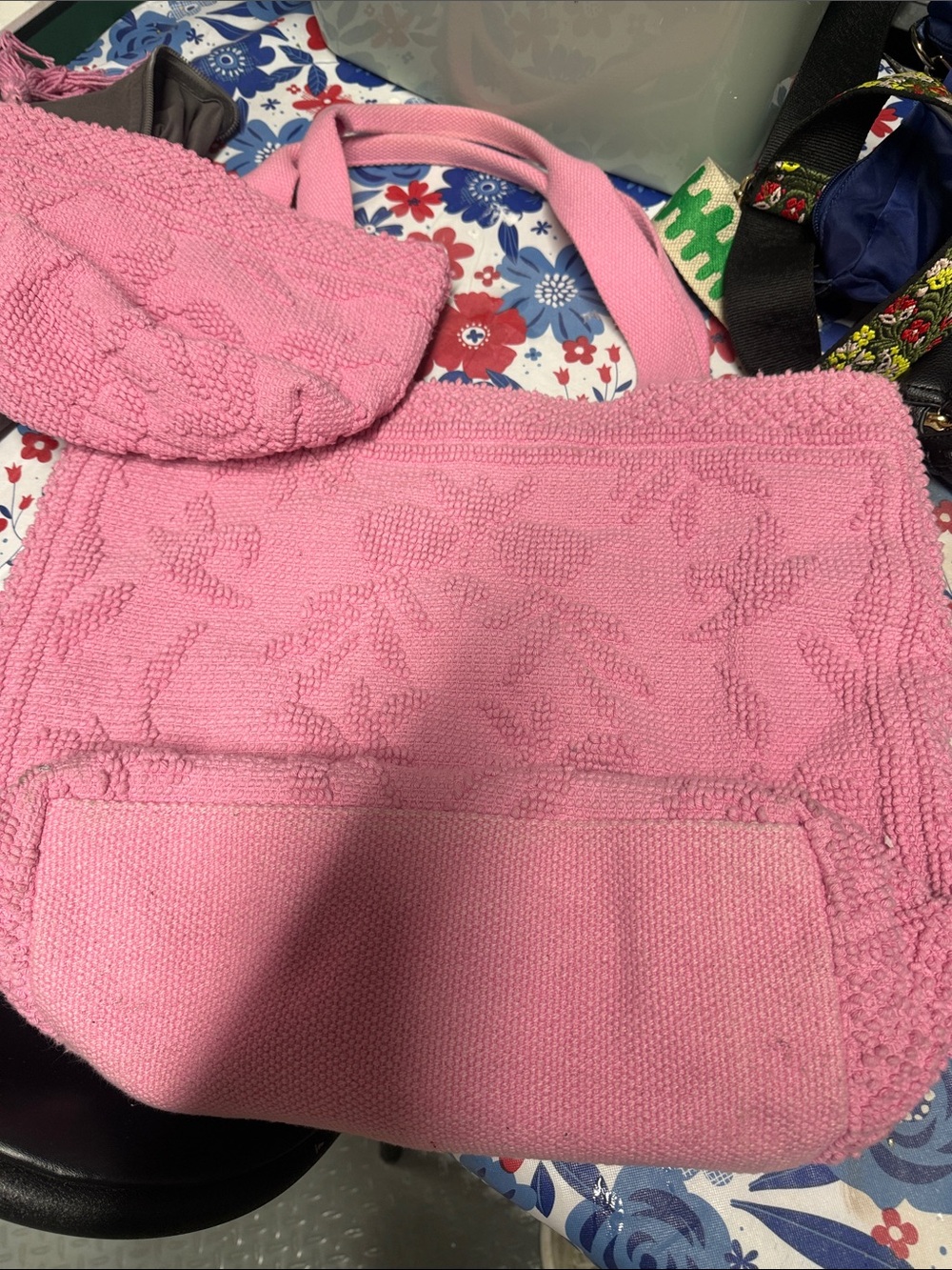 Pink Textured Tote Bag with Matching Pouch - Women's Shoulder Bag